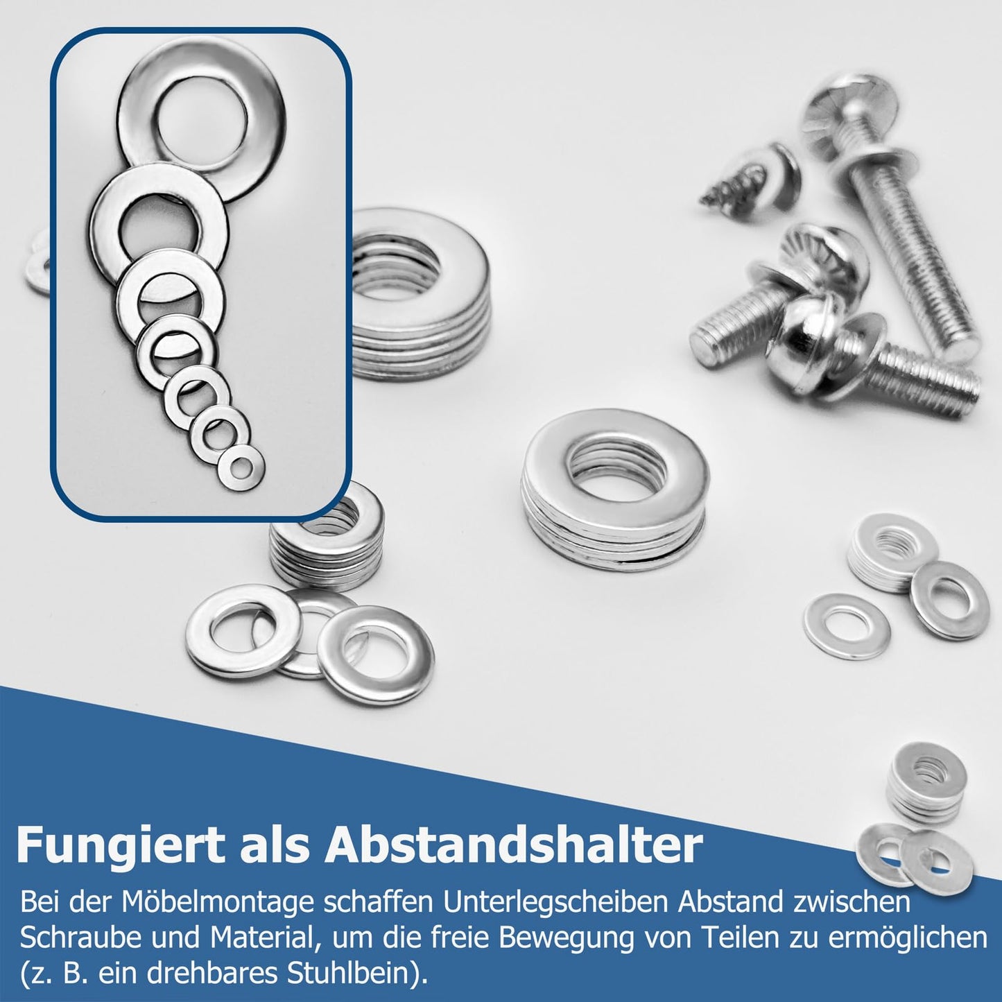 Kviceo Stainless Steel Flat Washers Assortment, 18-8 (304) Stainless Steel Metric Washers, 547-Piece Set (M3, M4, M5, M6, M8, M10, M12) with Plastic Storage Case