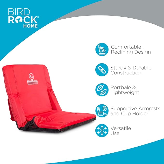 Stadium Boss Recliner Stadium Seat for Bleachers, Benches, Lawns, Backyard, Camping & Beach – Padded Sport Chair, Cushion Backs & Armrest – 6 Reclining Positions – Portable Carry Straps – Red