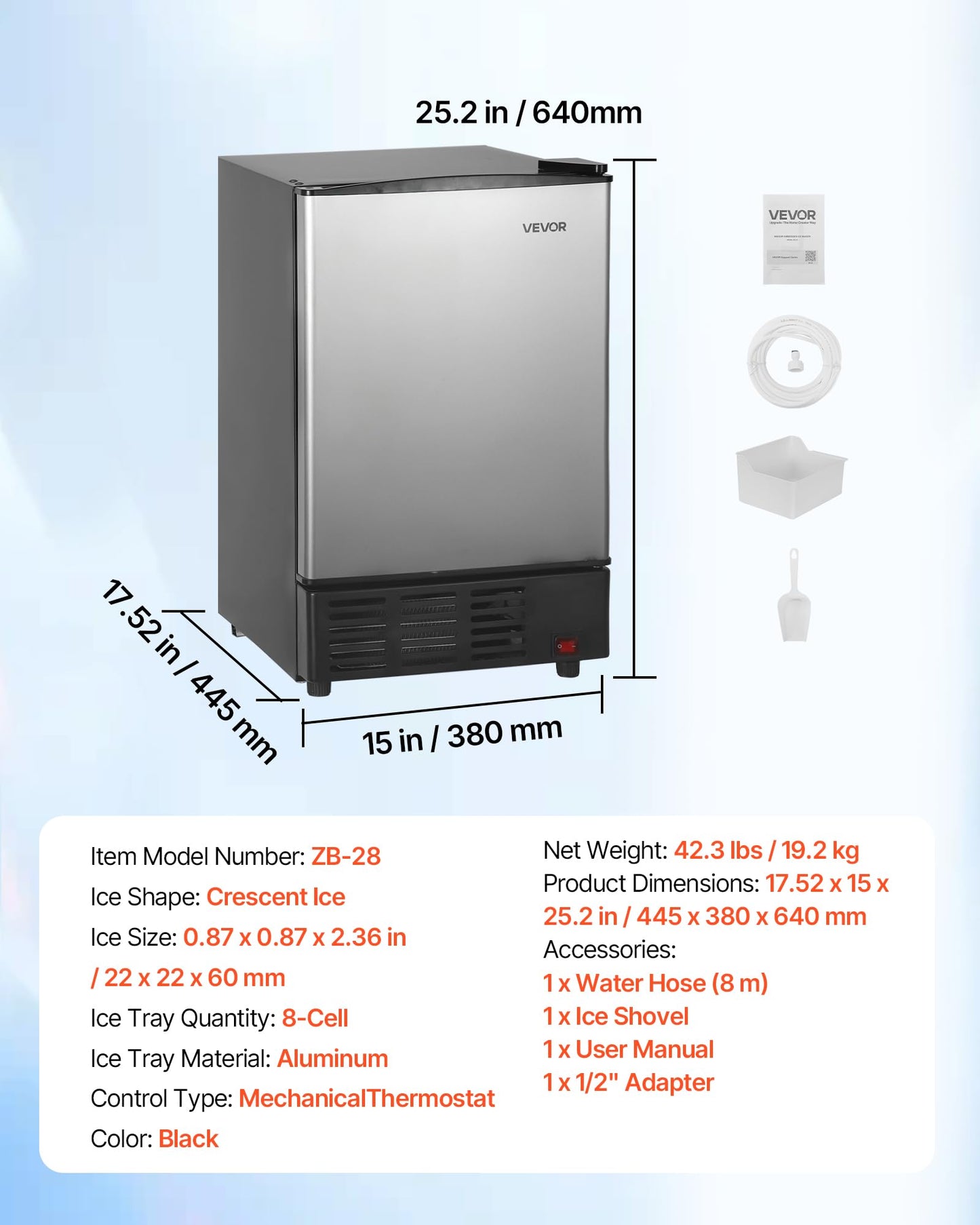 VEVOR 15" W Under Counter Ice Maker, 15 LBS/Day Crescent Ice Maker Built-in with 11LBS Storage Bin & Reversible Door, Freestanding Ice-Making Machine for Commercial Home Kitchens - No Drain Required