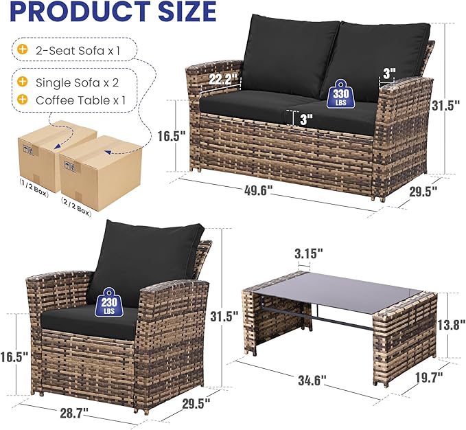 FHFO 4 Piece Outdoor Patio Furniture Set,Wicker Conversation Sets Outdoor Sectional Patio Sofa Couch with Cushions & Coffee Table for Outside, Garden, Balcony, Porch,Yellow/Black