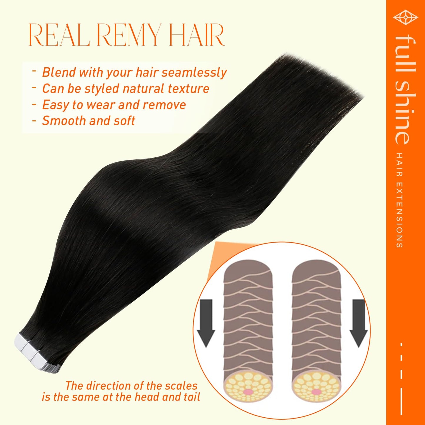 Full Shine Tape in Hair Extensions 22 Inch Long Tape in Extensions Color 1B Off Black Double Sided Adhesive Tapes Black Hair Ext