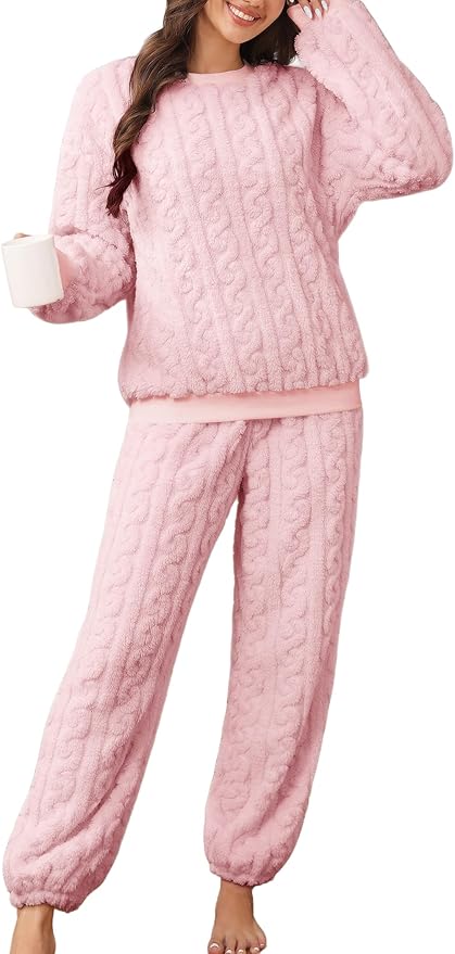 Pajamas Sets for Women Soft Comfy Fluffy Pajama Fleece Pullover Ribbed Pjs Warm Plush Lounge Sleepwear