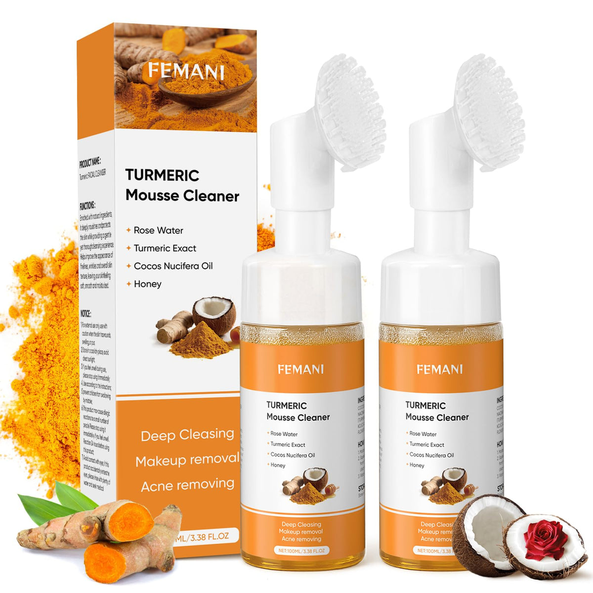2PCS Turmeric Face Wash with Brush, Turmeric Foaming Facial Cleanser, Fit for All Skin Care with Coconut Oil, 3.38 fl.oz/pc