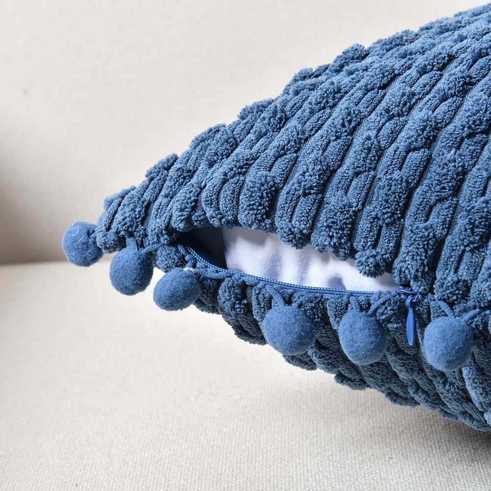 Fancy Homi Set of 2 Dusty Blue Decorative Throw Pillow Covers 18x18 Inch with Pom-poms for Couch Bed Sofa, Rustic Farmhouse Boho Home Decor, Soft Plush Corduroy Cute Cushion Case 45x45 cm