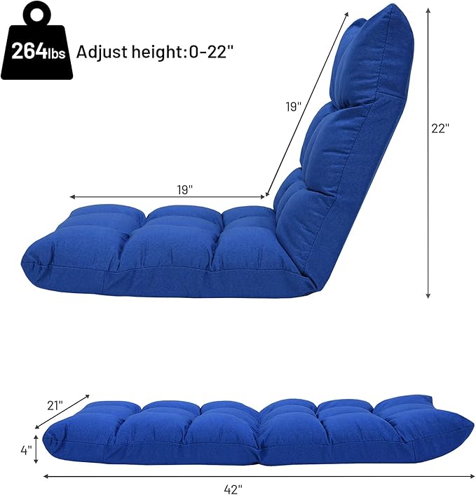 GORELAX Floor Chair with Back Support, 14-Poistion Adjustable Folding Gaming Chair Recliner, Meditation Chair with Steel Frame, Padded Lazy Sofa Chair for Adults, Kids (Blue)