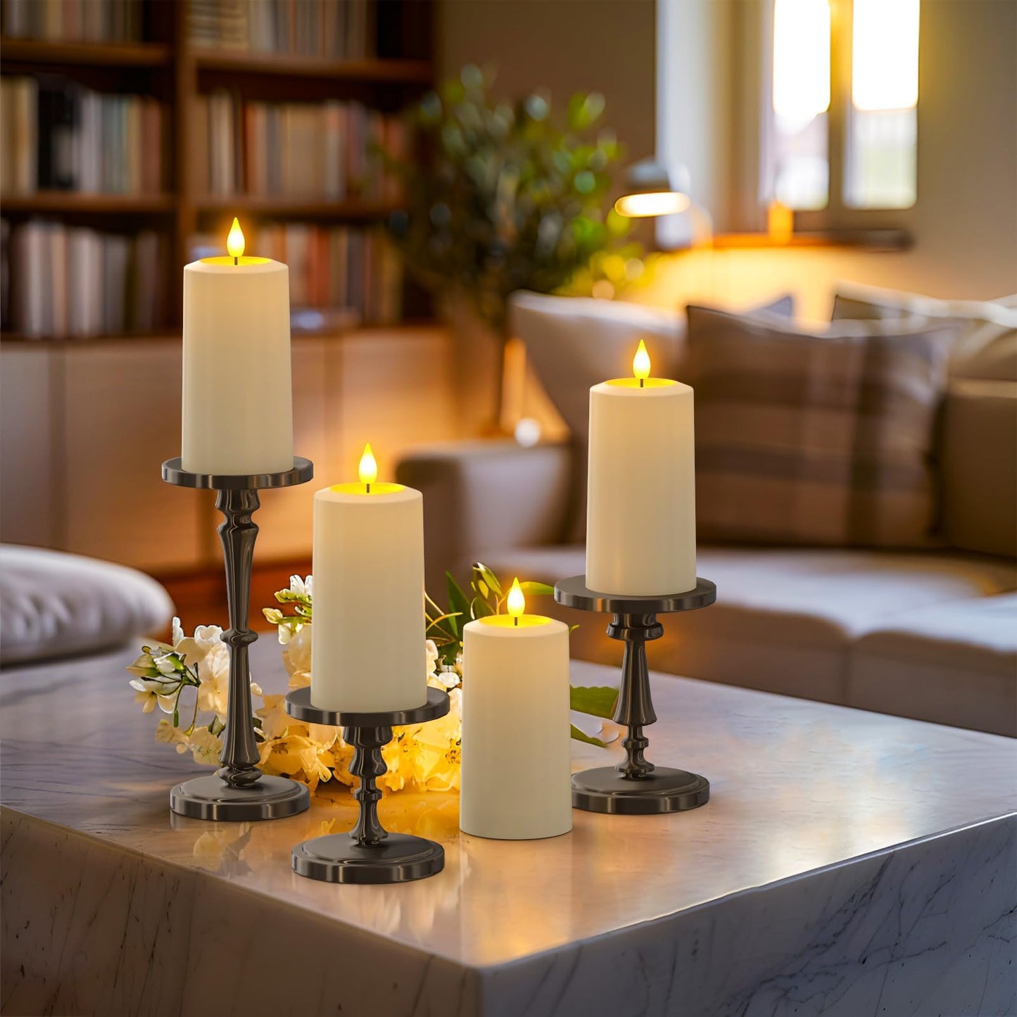 SoulBay Flameless LED Candles, 4-Pack USB Rechargeable, Flickering Waterproof White Pillar Candles with Remote Control Timer for Outdoor Lantern Patio Yard Indoor Holiday Decor, 2.75 x 5.1 Inches
