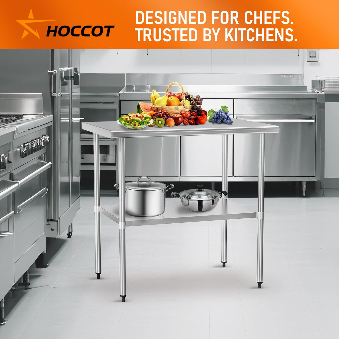 HOCCOT Stainless Steel Table for Food Prep & Work 30 x 36 inches Utility Table with Adjustable Undershelf, Commercial Workstation in Kitchen, Garage, Outdoor BBQ