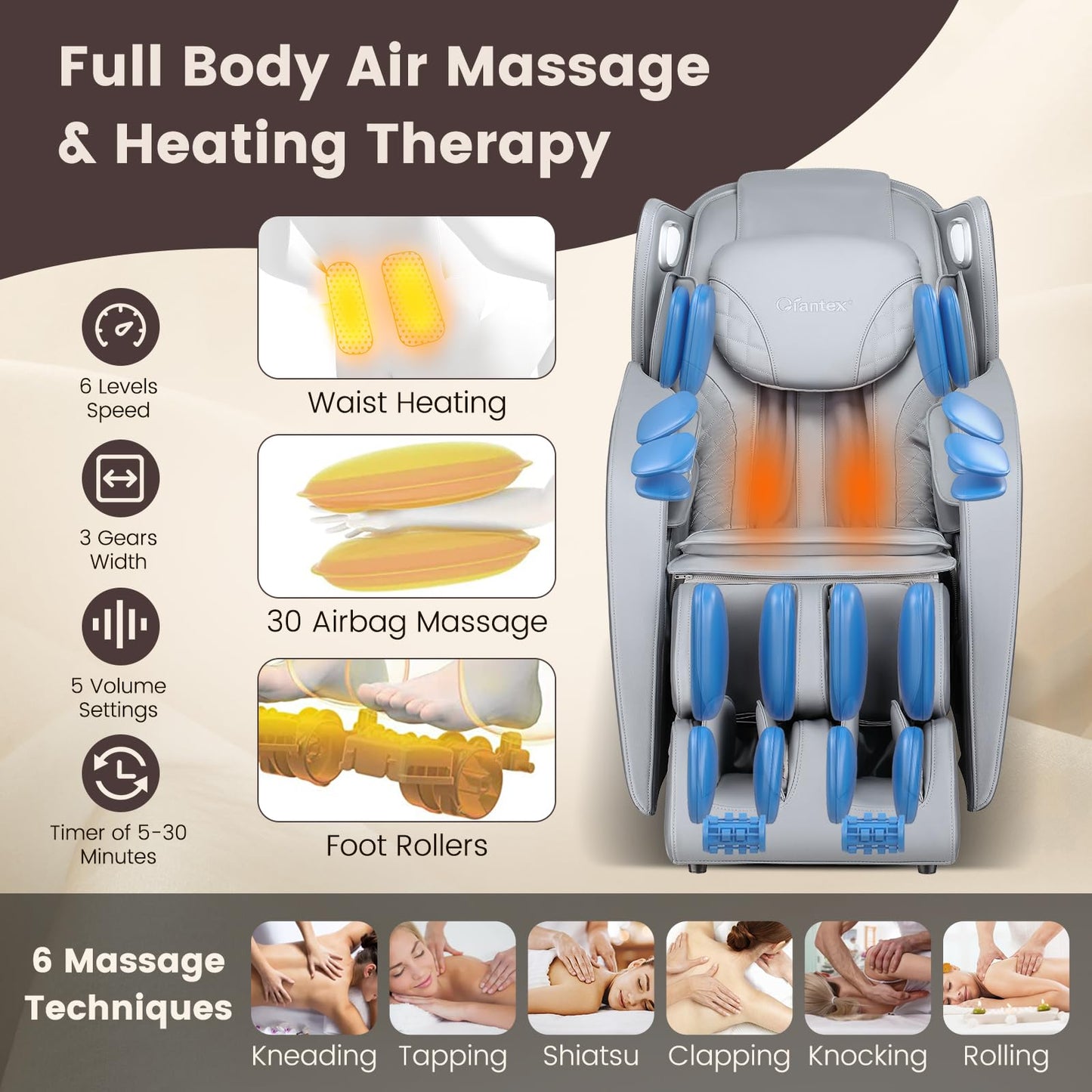 Giantex Full Body Massage Chair, Zero Gravity Recliner Chair with SL Track, Airbags, Foot Rollers, Shoulder Detection, Heating, Bluetooth, 12 Modes, Voice Control, Assembly-Free