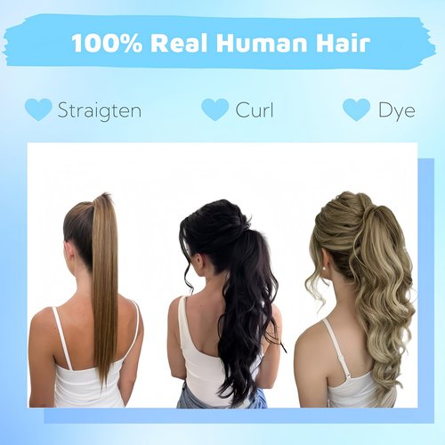 FUOTONBUTY Claw Clip Ponytail Extension 100% Real Remy Human Hairpiece Pony Tails Hair Extensions Long Straight Ponytail for Women (16 inch, Balayage Caramel Blonde to Bleach Blonde)