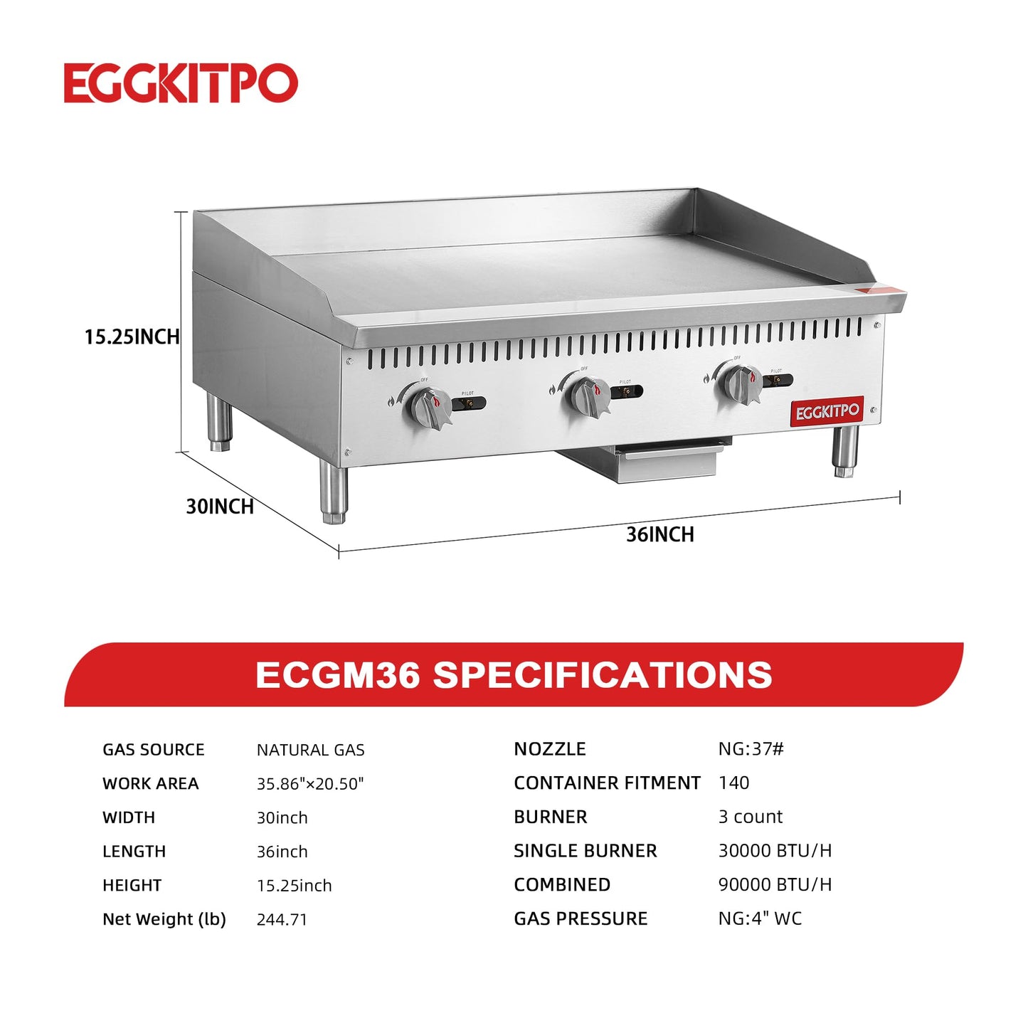 EGGKITPO 36 Inch CSA Certified Commercial Propane/Natural Gas Griddle Manual Controls 90,000 BTU Countertop Flat Top Grill Hot Plate with Independeent Knob 3 Burners Teppanyaki Grill for Restaurant