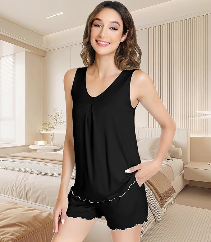 NACHILA Pajamas for Women-Viscose from Bamboo, Ribbed Racerback Tank Top Sexy Split Shorts Pajama Sets Cooling Sleep Cami Pjs