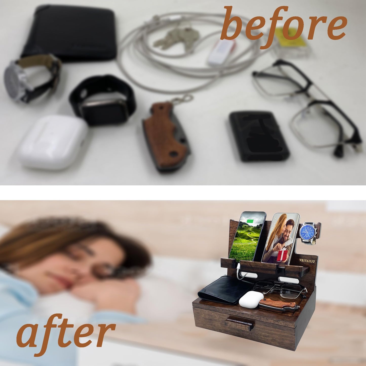 VEIYAILU Gifts for Men Women Husband Son Boyfriend Him Nightstand Organizer Wood Phone Docking Station Birthday Gifts (Walnut)