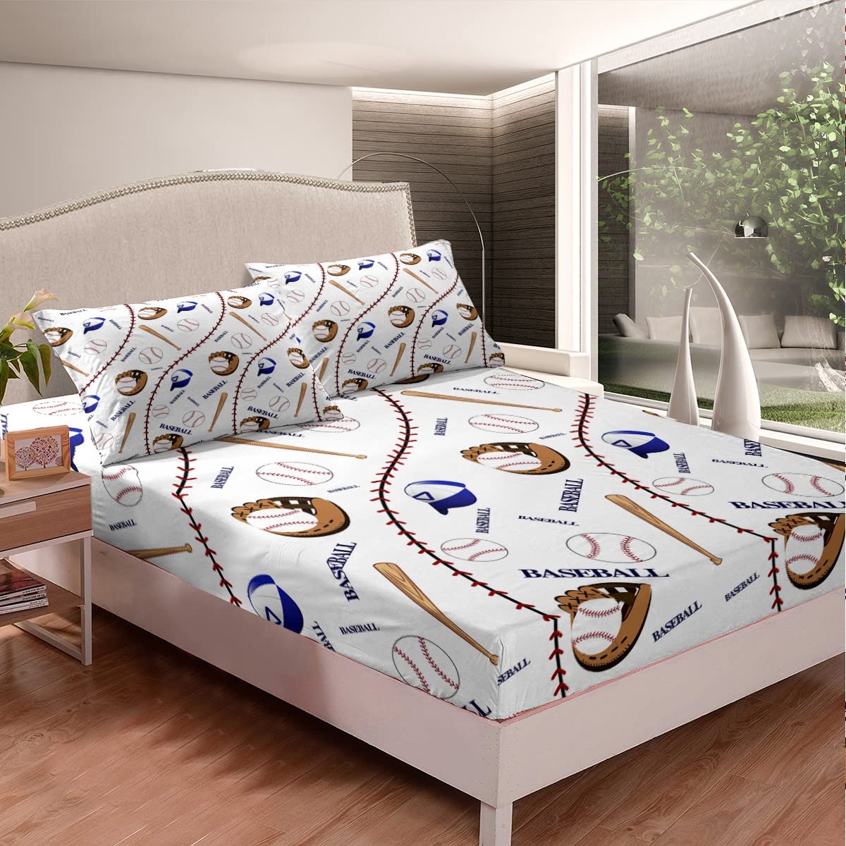 Sports Baseball Bed Sheet Set Baseball Bat and Gloves Hat Decor Bedding Sheets for Kids Boys Fun Sports Bedding Fitted Sheet Ball Competition Games Bed Cover Room 4Pcs Full Size