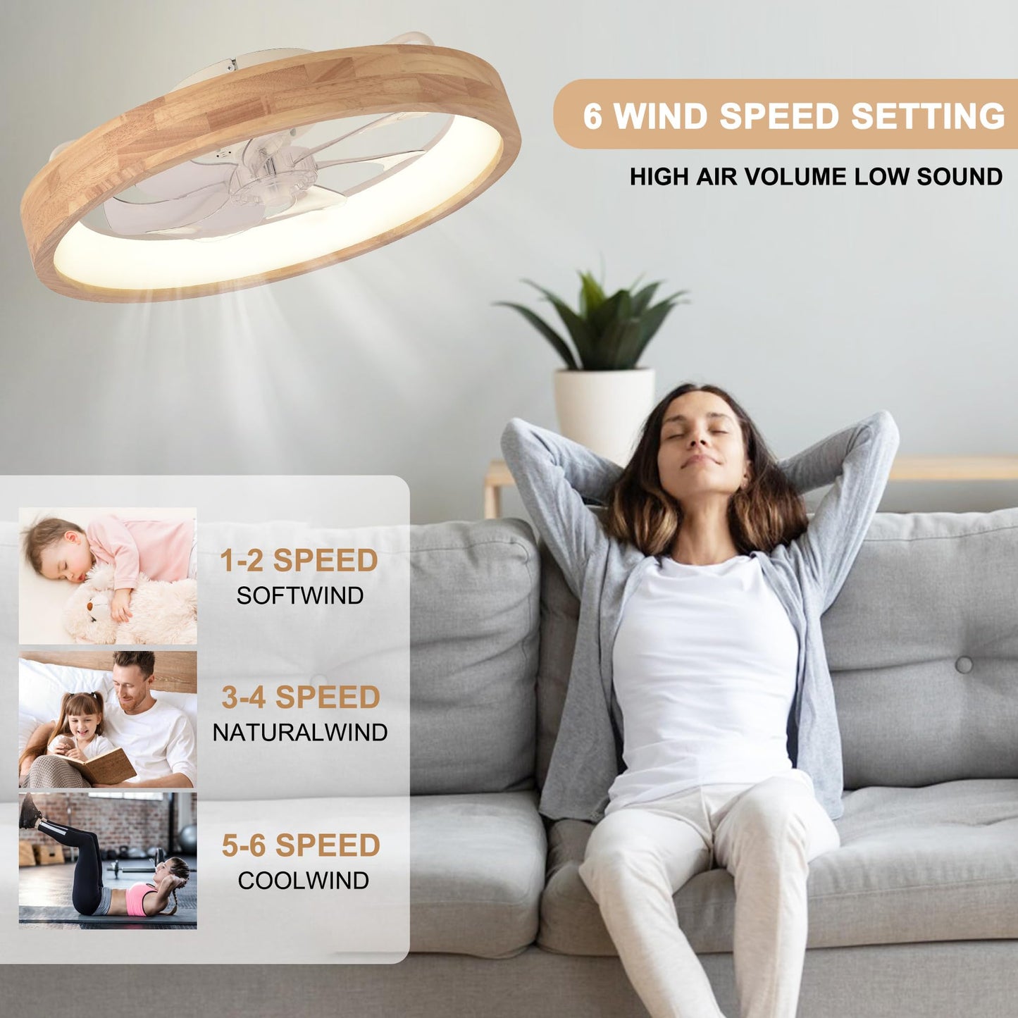 Oaks Aura 20” Ceiling Fan with Light, 3 Color Dimmable LED, 6 Speeds,Reversible Modern Wooden Flush Mount Low Profile Ceiling Fans with Lights and Remote for Bedroom/Kidsroom/Dinng Room