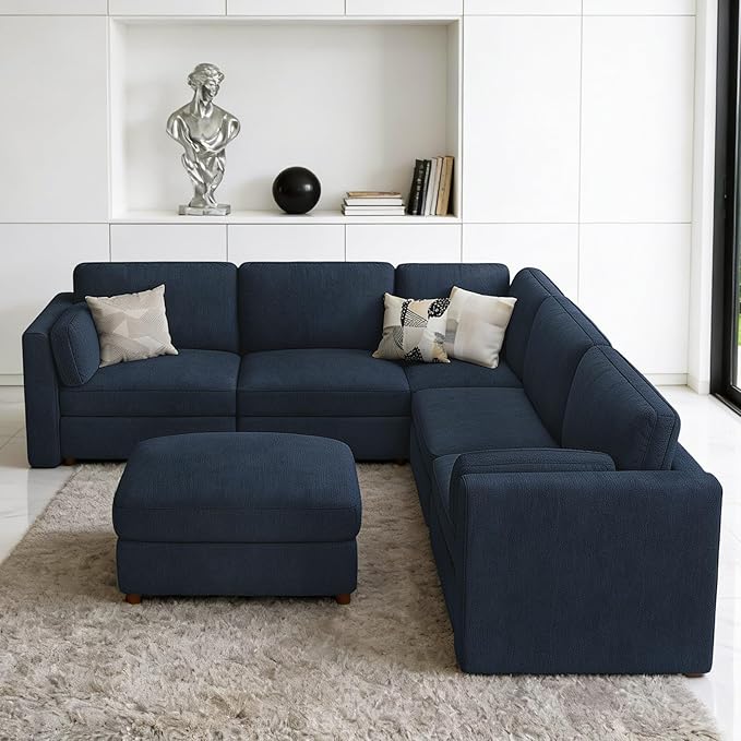 CUGOAO 117.7'' Modular Sectional Sofa, Oversized L-Shaped Sectional Couch with Ottoman, Deep Seat Chenille Cloud Couch, Mordern Upholstered Couches for Living Room, Apartment, Office, Blue