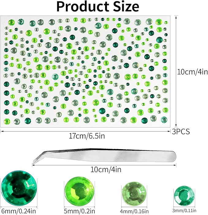 Self Adhesive Face Gems and Pearls for Makeup, Festival Jewels, Hair Gems, Rhinestone Stickers for Face, Eye, Makeup, Nail, Body, Crafts 3/4/5/6 mm 975Pcs (10.gem_mixedgreen)