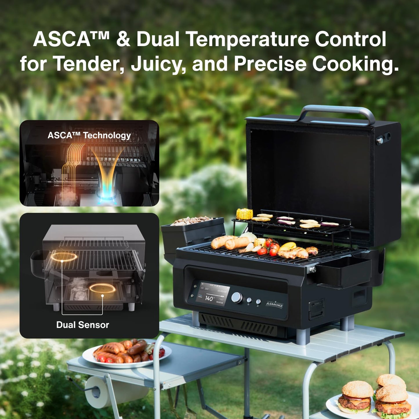 ASMOKE Smoker Guga’s Pick | Smart Portable Pellet Grill with 5" LCD Screen 8-in-1 BBQ, 8H Battery, Wi-Fi Control, 271 sq.in, ASCA Steam Tech, PIN Precision Temp Fit for Camping, Family Outdoor Cooking