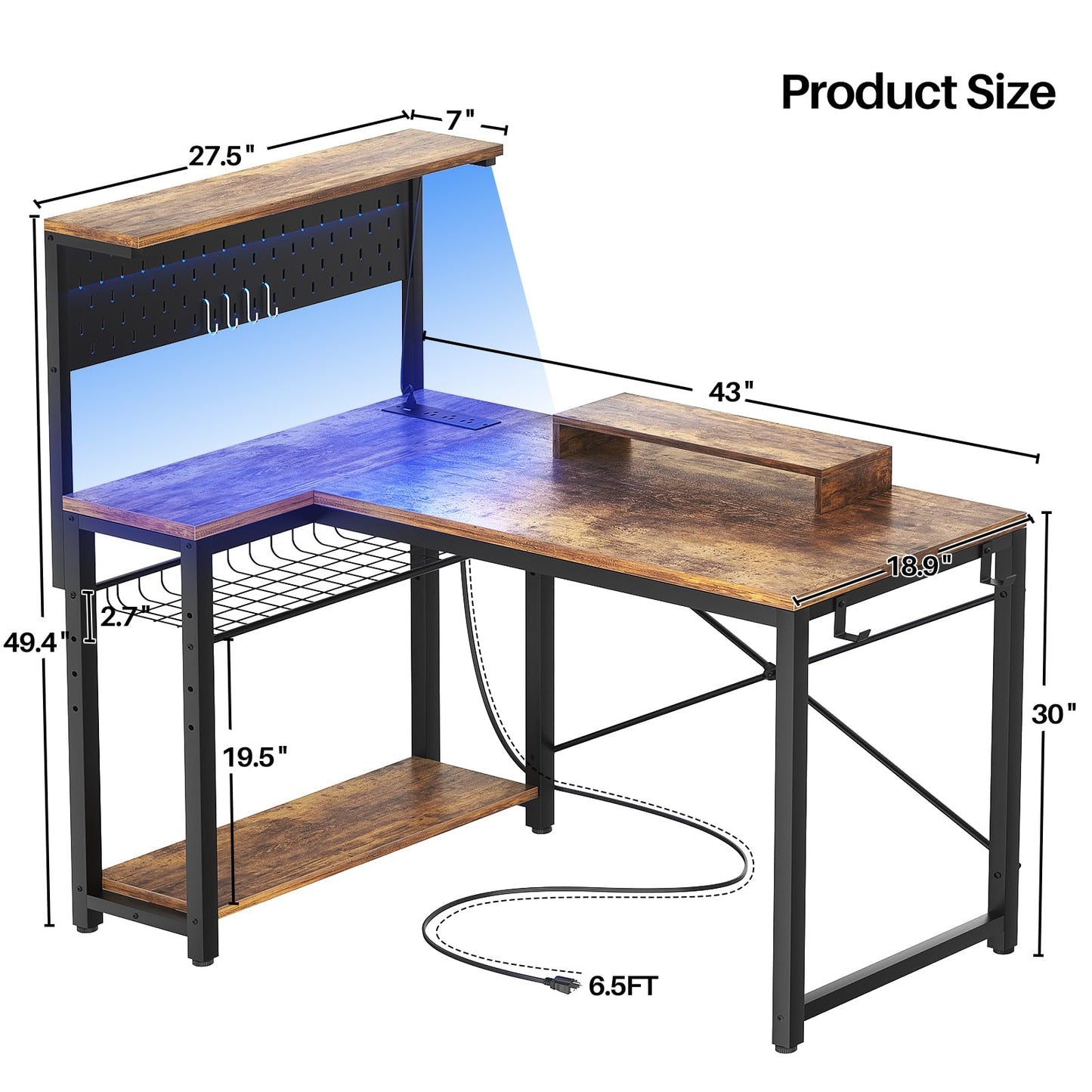Homieasy Small Gaming Desk with Power Outlets Pegboard LED Light, 43 Inch L Shaped Computer Desk with Monitor Stand Storage Shelves, Reversible Corner Desk with Headset Hooks, Rustic Brown