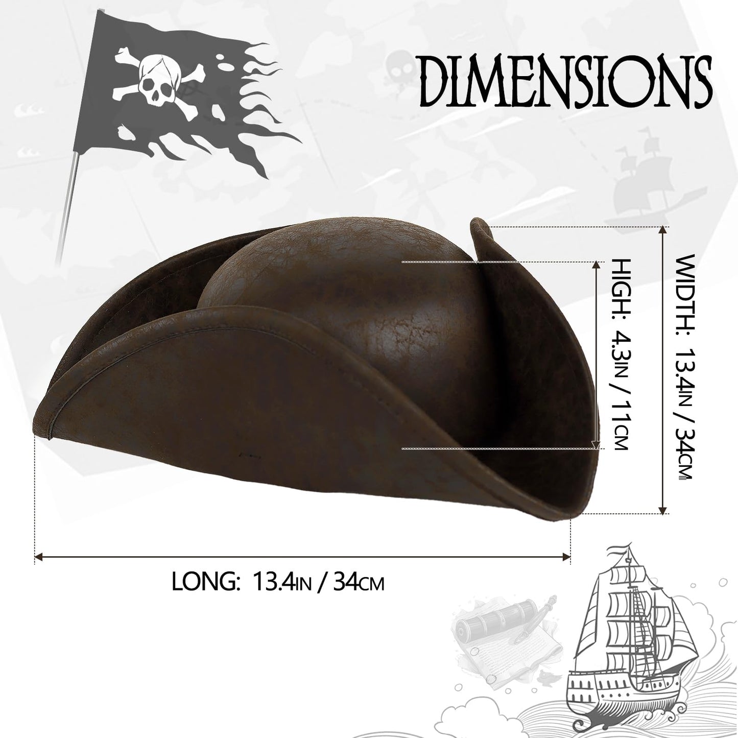 UQJE Authentic Brown Pirate Hat for Adult Leather Tricorn Hat Halloween Colonial Costume Accessories
