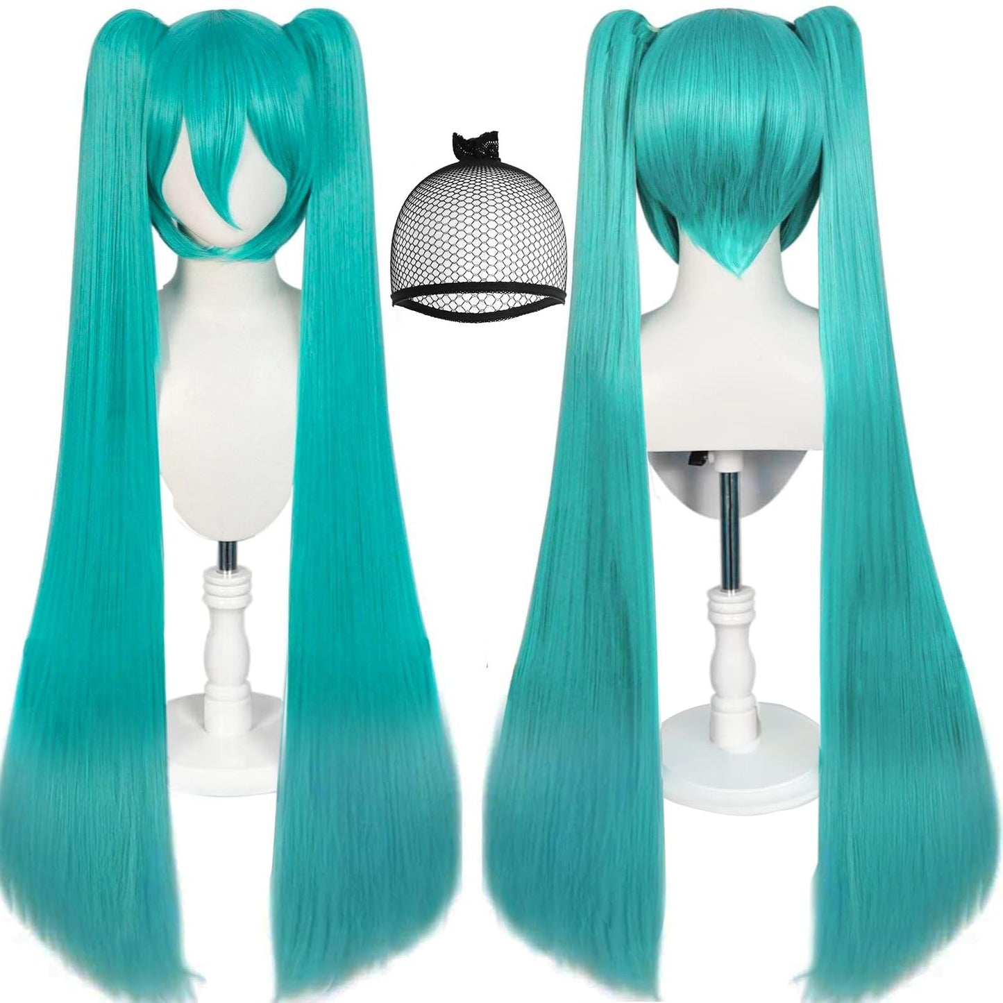 JoneTing 120CM/47inches Green Wigs?+Hair Cap? Long Greenish Wig with 2 Ponytails for Women Long Straight Green Wigs with Bangs f