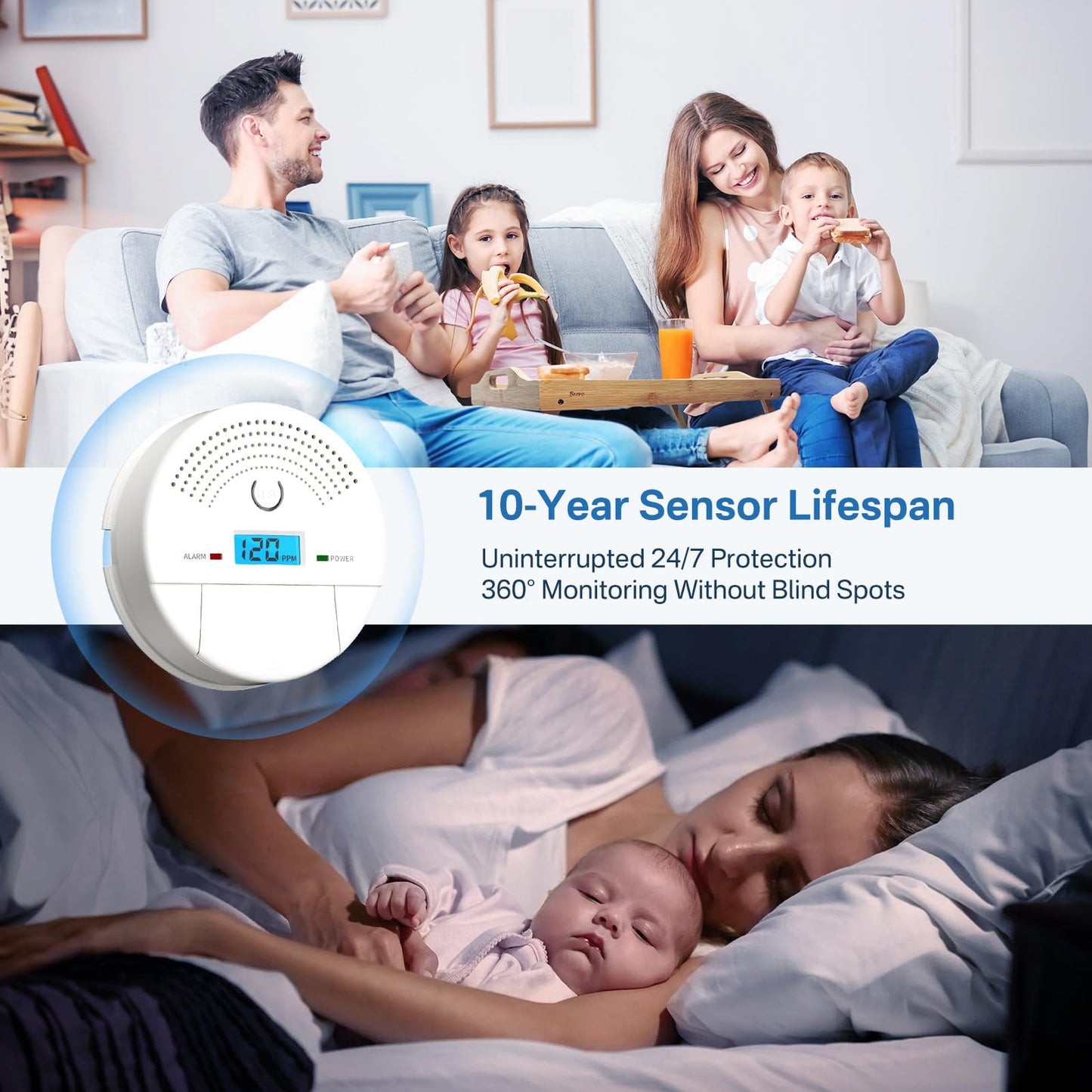 4-Pack, 2-in-1 Smoke and Carbon Monoxide Detector Combo, Battery Operated CO & Smoke Fire Alarm Carbon Monoxide Detectors with LCD Display for Home, Easy to Install