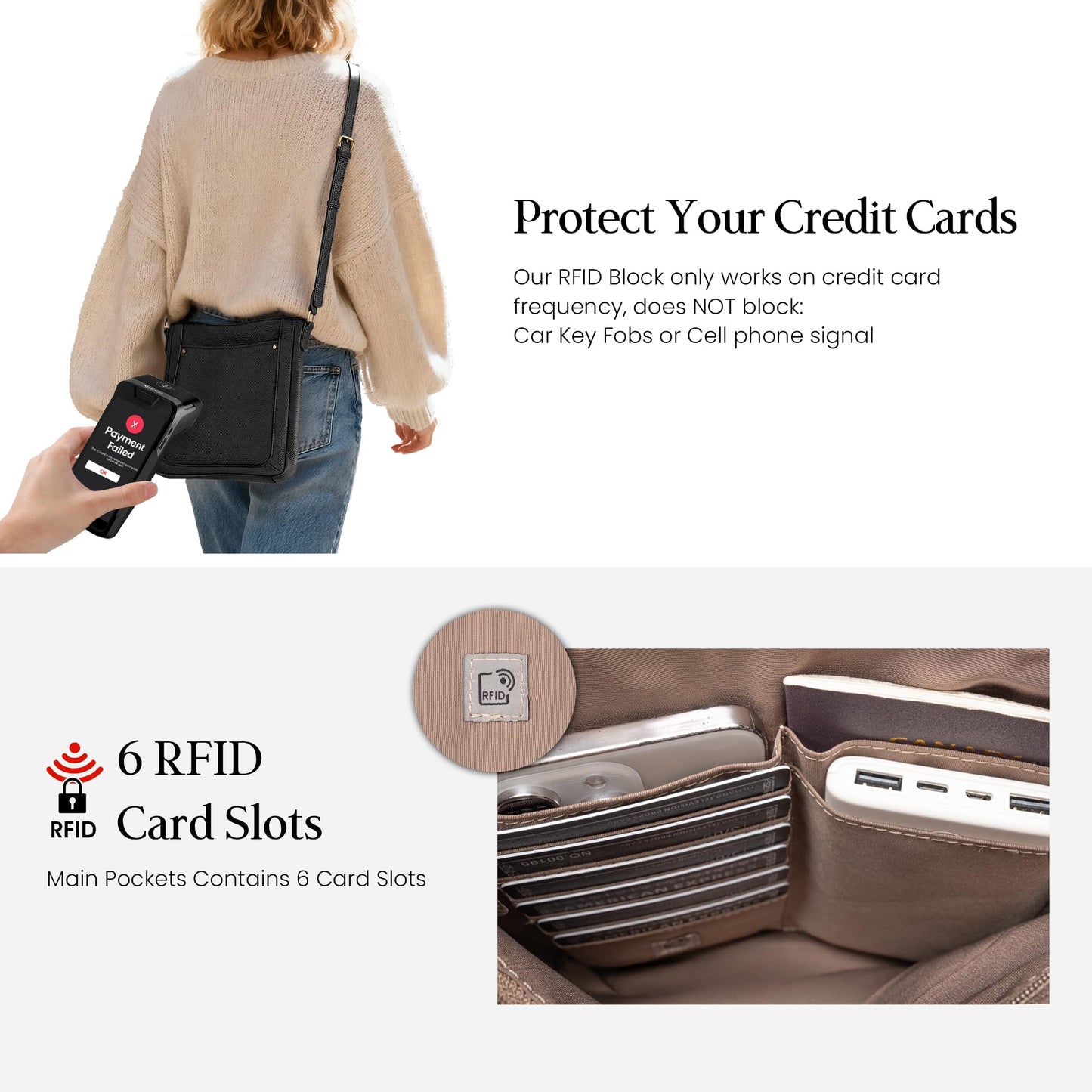 befen Black Genuine Leather Small Crossbody Bags for Women, Womens Cross Body Purse Shoulder Bag Handbags with RFID Blocking Card Slots for Daily & Travel