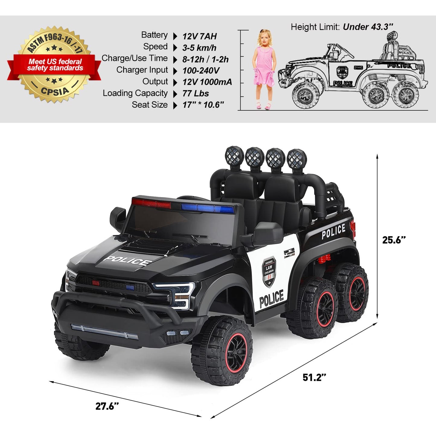 JOYLDIAS 12V7AH Kids Police Ride On Car with 2.4G Remote Control, 6-Wheel Spring Suspension, LED Lights & Siren, Kids Electric Car w/Storage, 3 Speeds, 77lbs Capacity, Gift for Ages 3-8