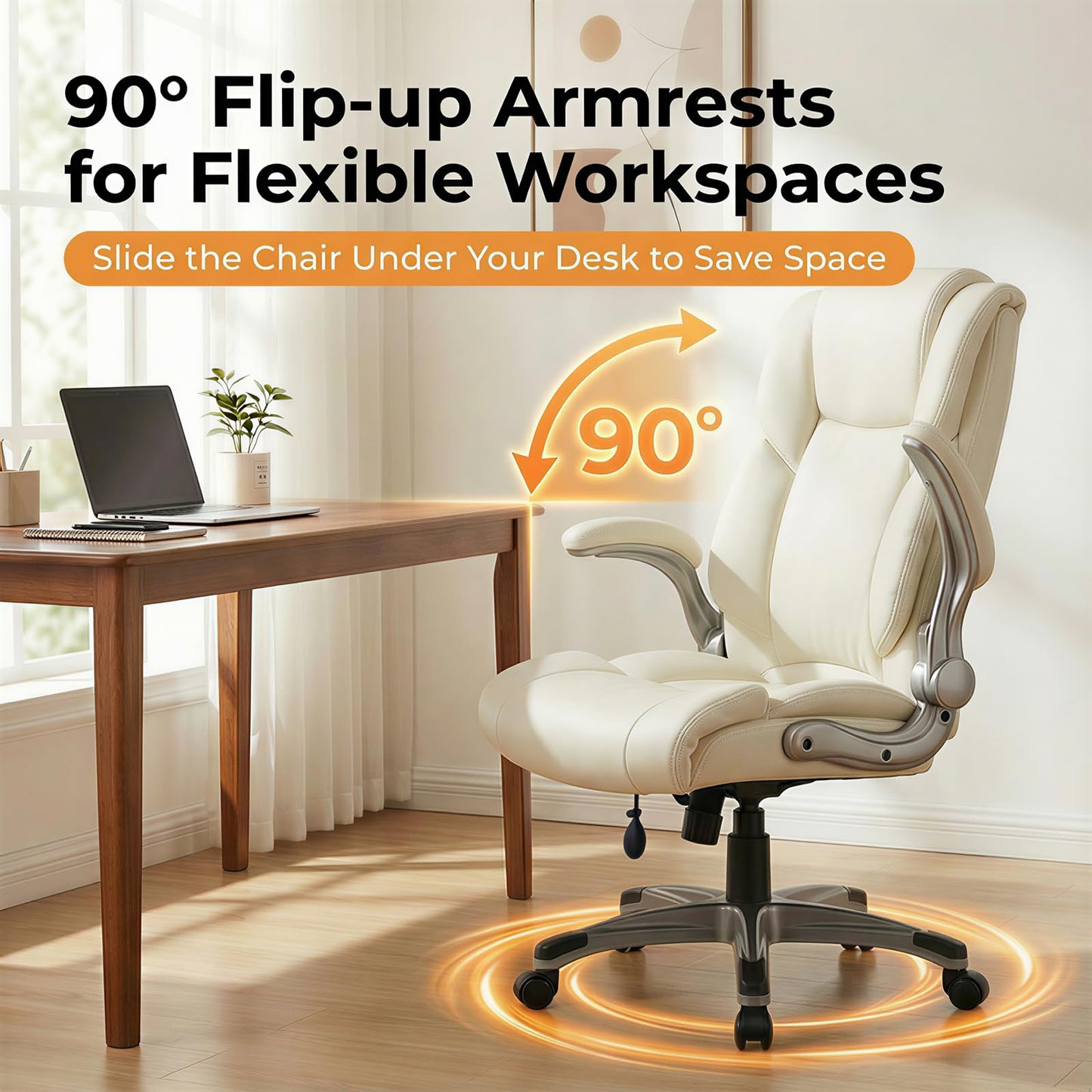 COLAMY Ergonomic Executive Office Chair, High-Back PU Leather Desk Chair with Flip-Up Armrests, Adjustable Inflatable Lumbar Support, Thick Seat Cushion, 90–110° Recline, Pearl White