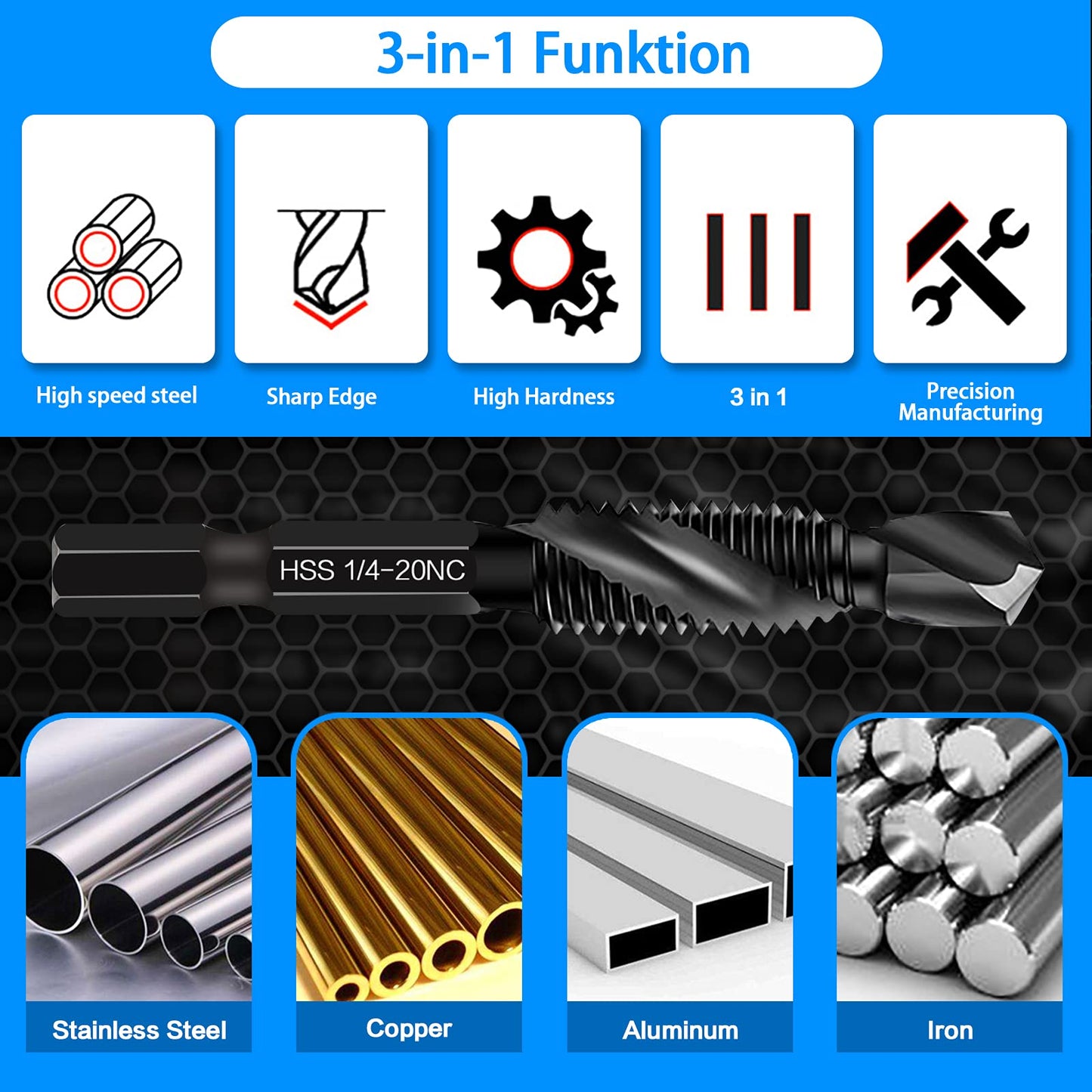 6-Piece 1/4-20NC Combination Drill Tap Bit Set SAE, Made of High-Speed Steel with Anti-Rust Blackened Coating, Ideal for Soft Metal, Wood & Plastic, 1/4” UNC-20 Thread Size, 1/4” Hex Shank