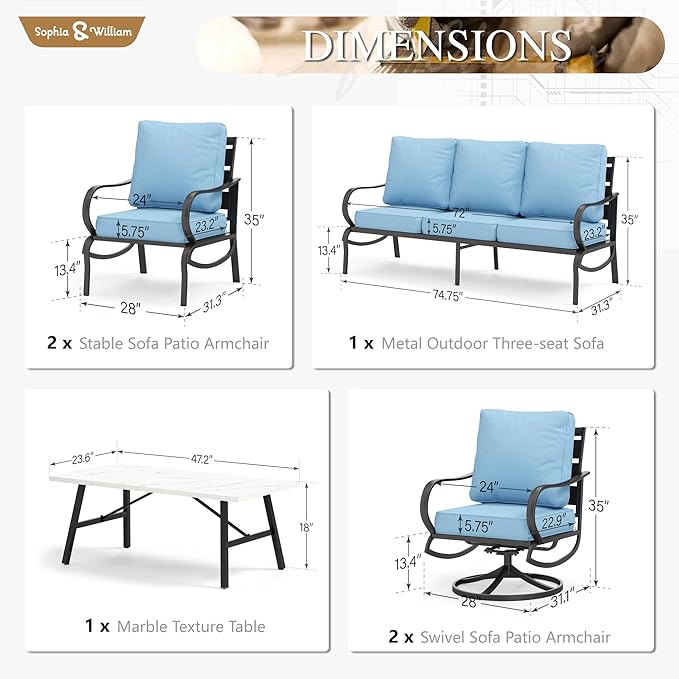 Sophia & William Patio Furniture Sets for 7 Outdoor Conversation Set 6 Pcs with 4 x Armrest Cushioned Sofa Chairs, 1 x 3-Seat Sofa, 1 Marbling Metal Coffee Table Garden Backyard Poolside Blue