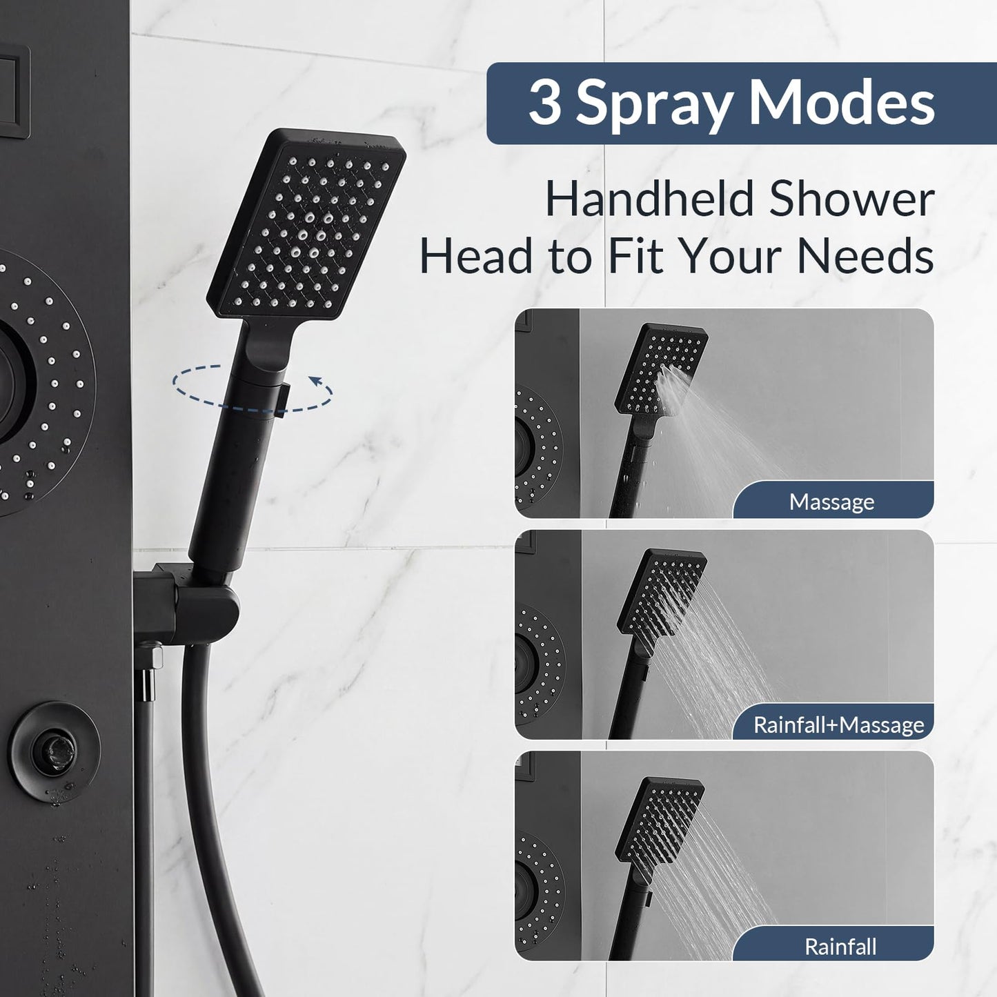 BATHLAVISH 6 in 1 Shower Panel Tower System, Rainfall Shower Panels Set w/LED and Digital Display Stainless Steel Shower Tower with Waterfall Tub Spout 2-Type Massage Jets Handheld Head Matte Black
