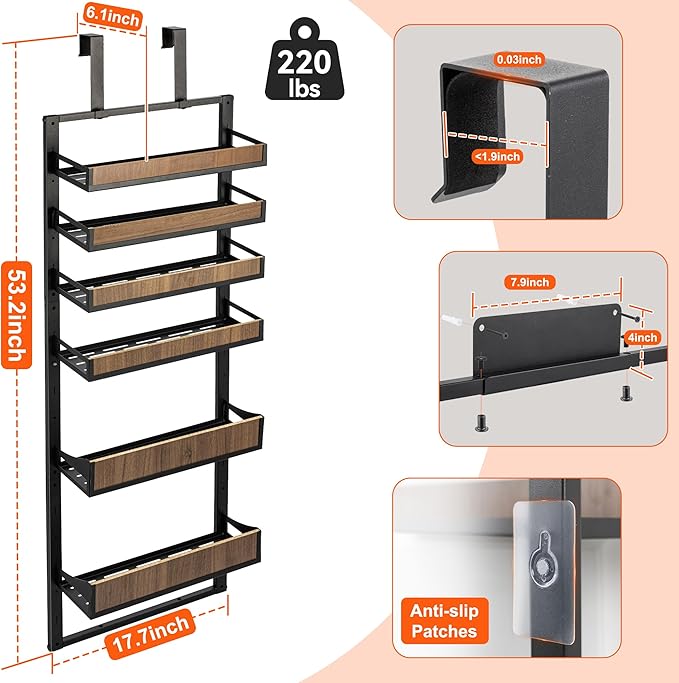 Aquzee Over the Door Pantry Organizer, 6-Tier Spice Rack Wall Mount, with Adjustable Wood Baskets, Metal Mounting/Hanging Behind the Door Organizer Storage for Kitchen, Cabinet and Closet