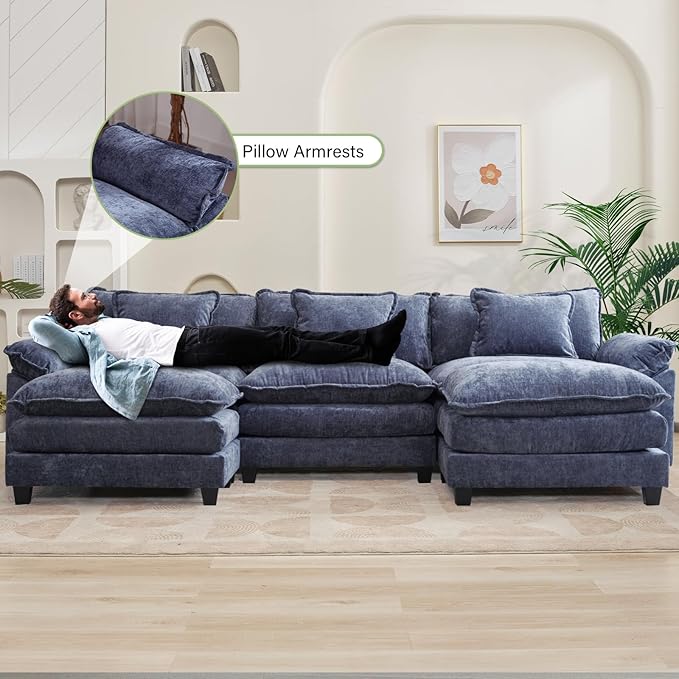 Oprisen 120" Modular Sectional Sofa, Comfy Cloud Couch Sectional Sofa with Ottoman, Chenille Sofa Sleeper Deep Seat Sofa with Throw Pillows for Living Room (Blue, 120"- U Shape)