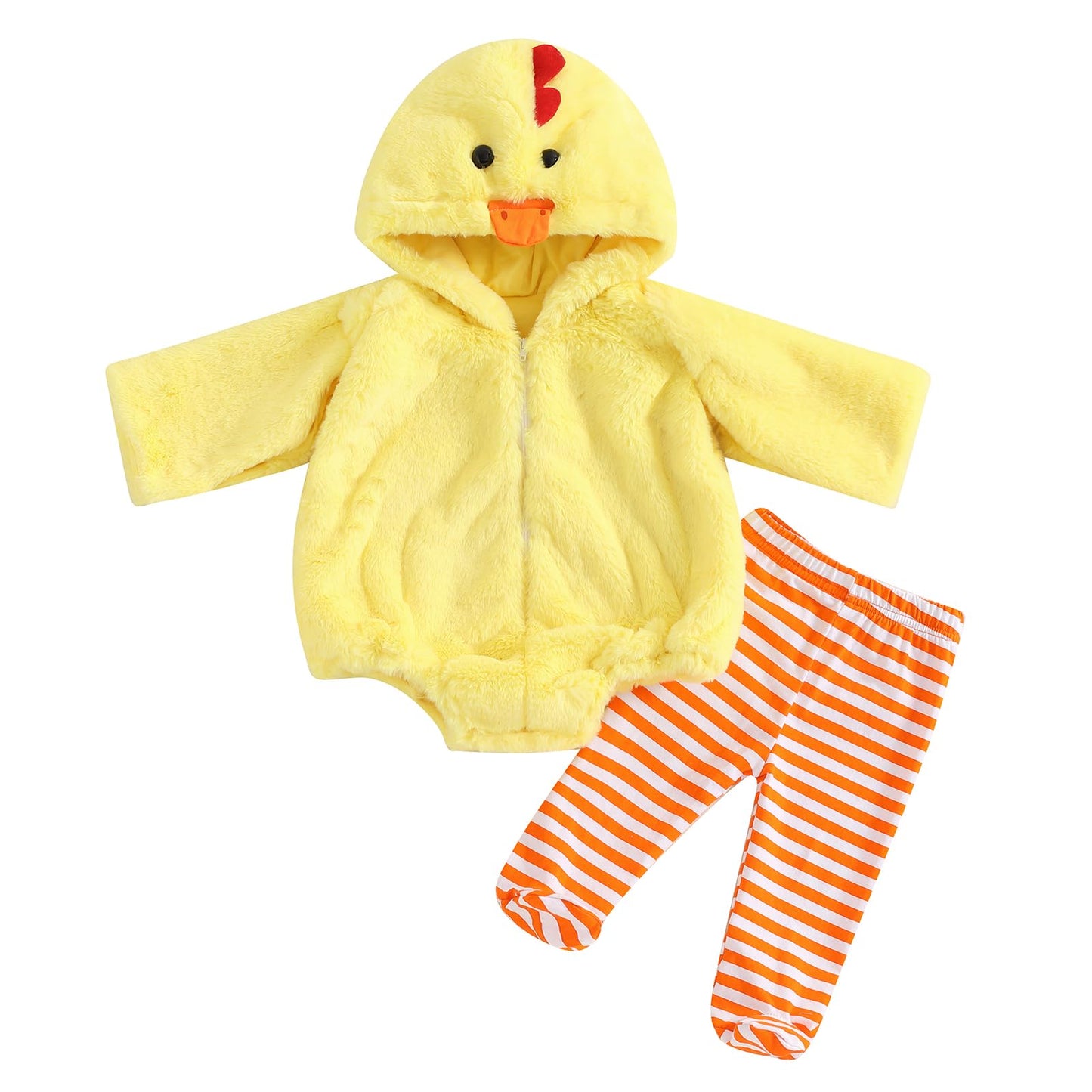 Twopumpkin Baby Chick Halloween Costumes Cute Infant Toddler Girl Boy Duck Costume Cape Sleeve Fuzzy Romper+Striped Leggings (Hooded Chicken 2pcs Yellow, 12-18 Months)
