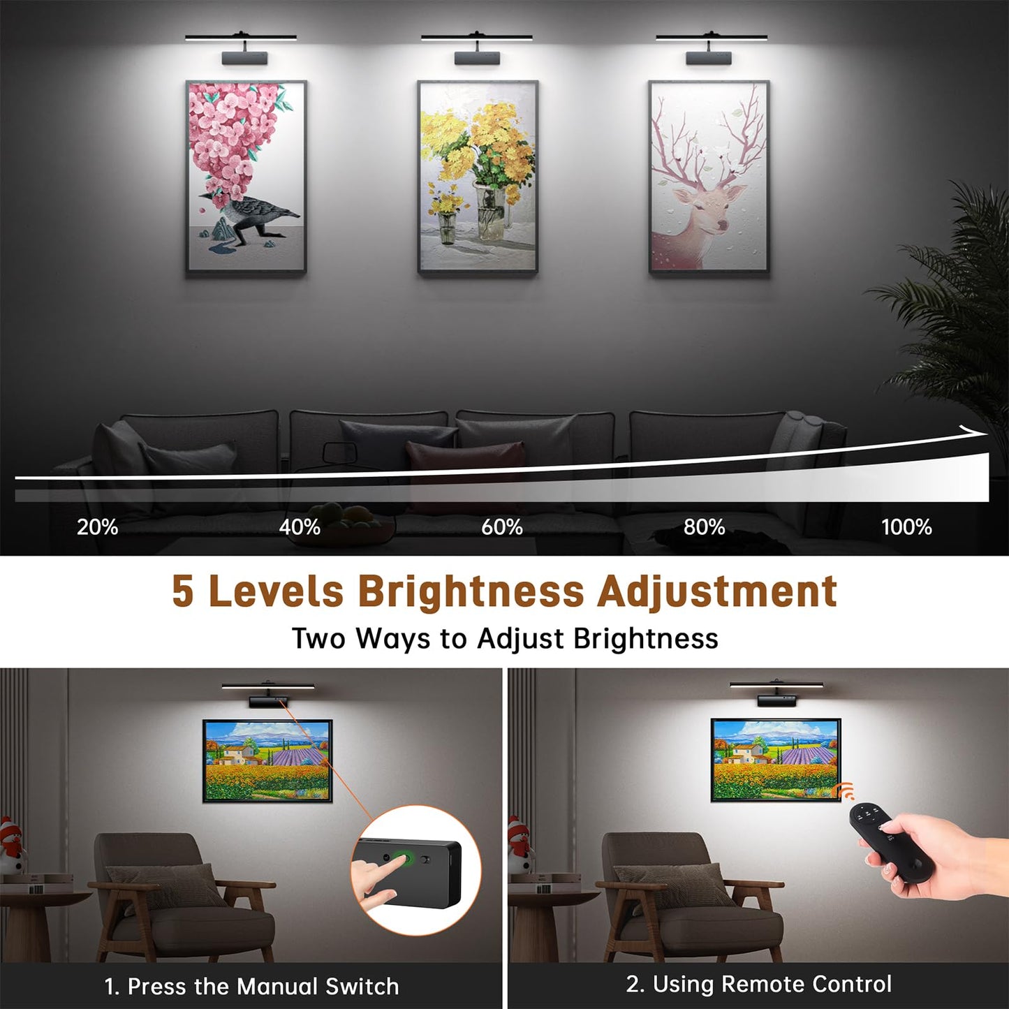 Picture Light, 15.35inch Wireless Picture Lights for Wall Rechargeable, 5400mAh Battery Wall Light with Remote, 3 Color Art Lighting for Paintings with Timer and Dimmable Artwork Display (Black-2PCS)