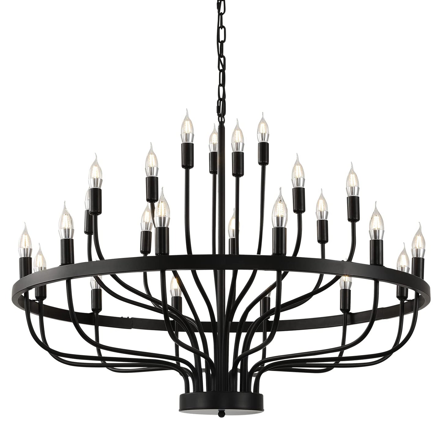 Black Chandelier 24 Light, Modern Farmhouse Chandelier for Dining Room, Round Industrial Candle Chandeliers Light, Wagon Wheel Chandelier 39in 3-Tier for Hallway, Living Room, Foyer, Island Lights