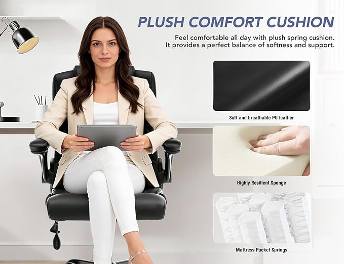 Office Chair with Adjustable Inflatable Lumbar Support,Leather Ergonomic Computer Desk Chair with Flip-up Arms,Adjustable Tilt Lock,Swivel Rolling Executive PC Chair for Work,Study,Meeting.Black