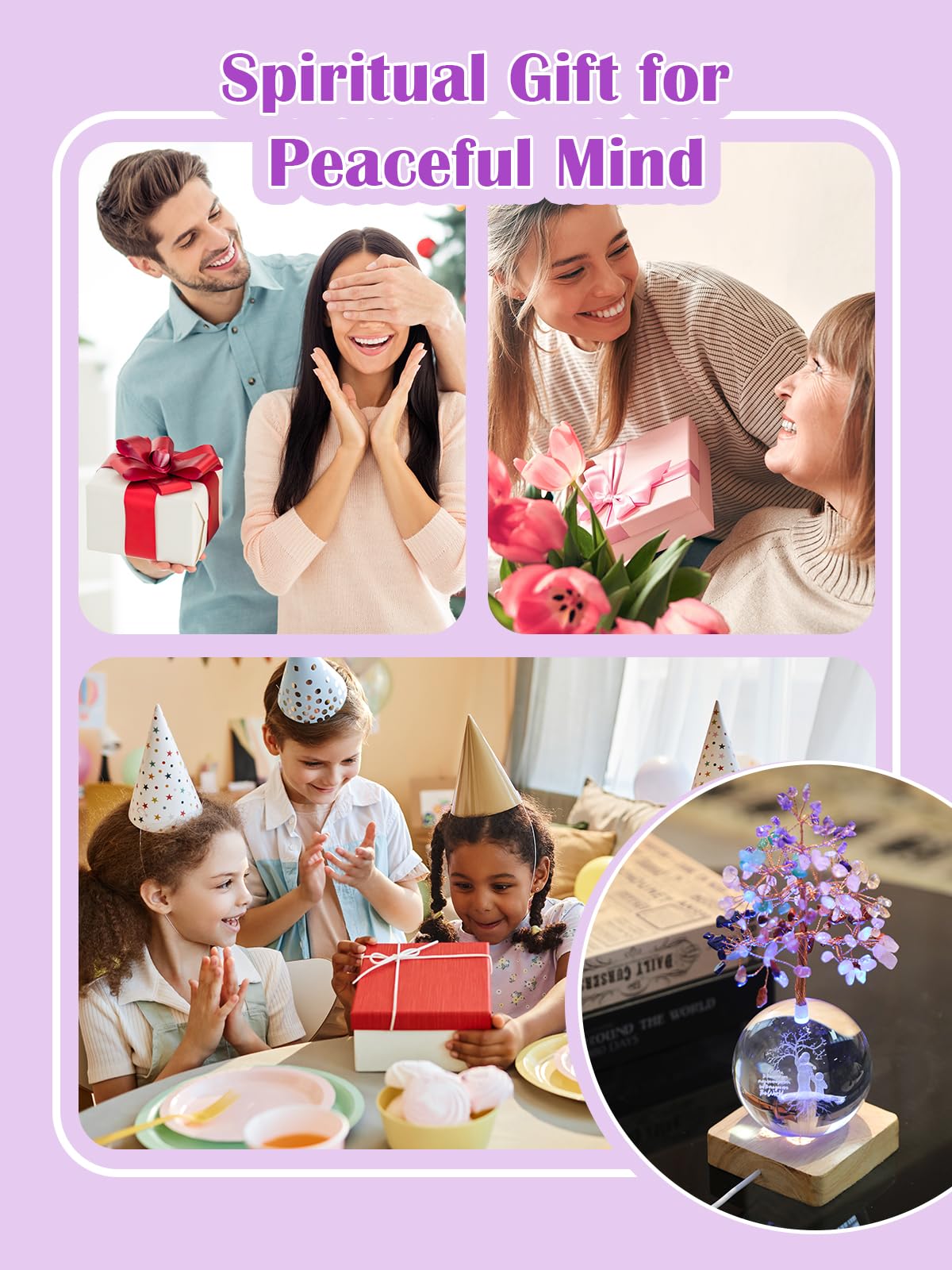 FOLKOR LIFE Chakra Tree Gift for Mom Women Birthday Mother’s Day, 3D Mom Kid Figurines Night Light Crystal Ball for Meditation Relaxation, Spiritual Tree Feng Shui Decor for Home Office Shelf Desk