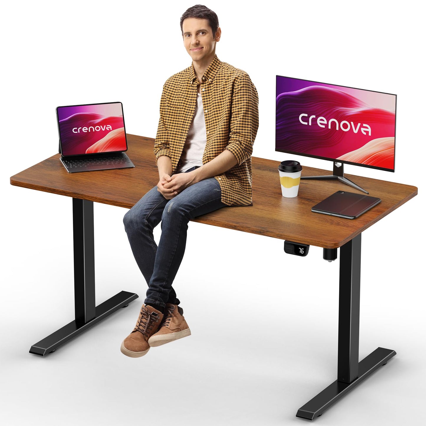 Crenova Electric Standing Desk,Height Adjustable Computer Home Office Stand Up Desk,48 x 24 Inches Whole-Piece Sit Stand Studying Gaming Table(Vintage Brown)