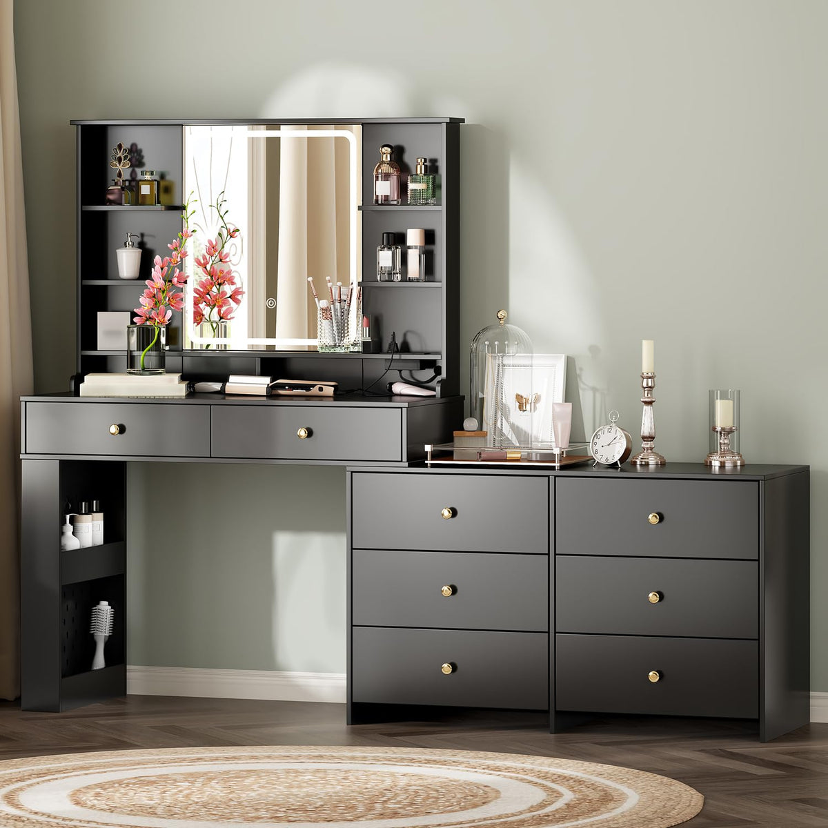 Large Makeup Vanity Desk with Mirror and Lights, Vanity Desk with 8 Drawers & Storage Shelves, Vanity Table with Power Outlet, 3 Color Modes & Adjustable Brightness Dressing Table, Bedroom,Black
