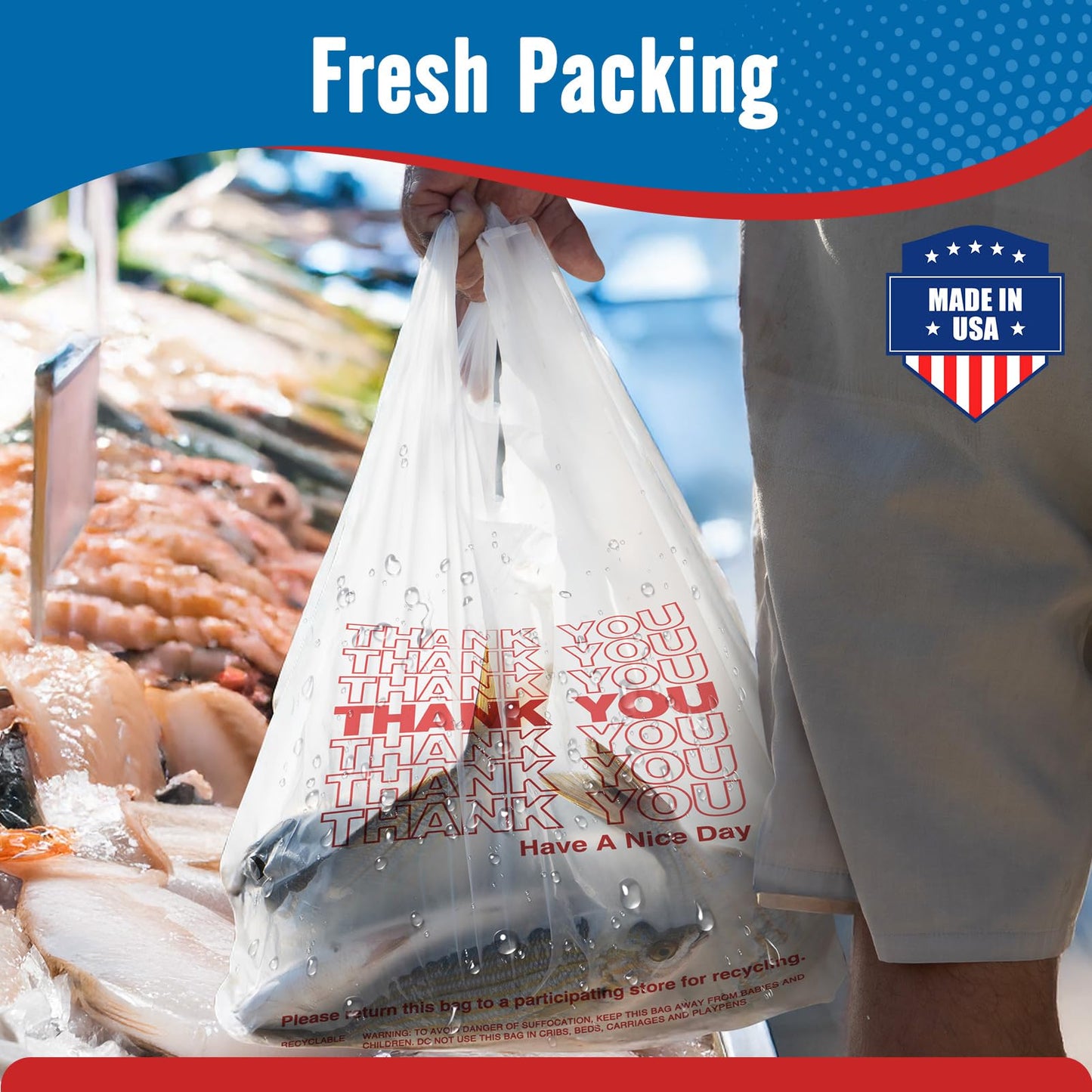 Fuxury 500 Count - Thank You Plastic T-shirt Bags White with Handles (11.5" x 6.5" x 21"), Grocery, Take Out, To Go, Restaurants, Convenience Store,Retail Shopping Bags in Bulk for Small Business