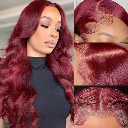 99j Lace Front Wigs Human Hair 13x4 Body Wave Burgundy Frontal Wig Glueless Wigs Human Hair Pre Plucked Red Lace Front Wigs for Black Women Human Hair 150% Density with Baby Hair (28 Inch)……