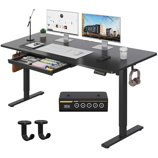Gamork Electric Standing Desk with Drawers,55x24 inches Height Adjustable Sit-Stand Desk with Storage Shelf,3 Preset Heights,Equipped with Hooks,Ergonomic Gaming Table for Home and Study，Black