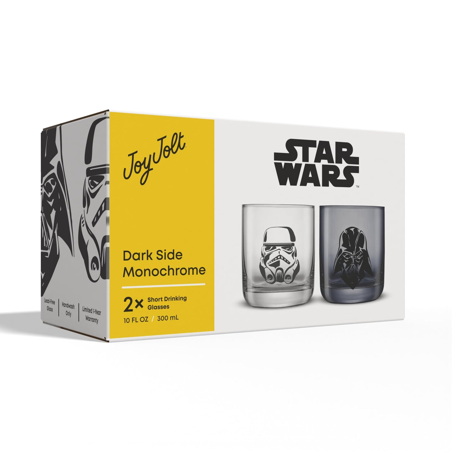 JoyJolt Star Wars Dark Side Monochrome Short Drinking Glasses, 10oz Glass Tumbler Cup Set ft Darth Vader and Stormtrooper, Star Wars Kitchen Glasses Set of 2, Star Wars Gifts for Men Women and Adults