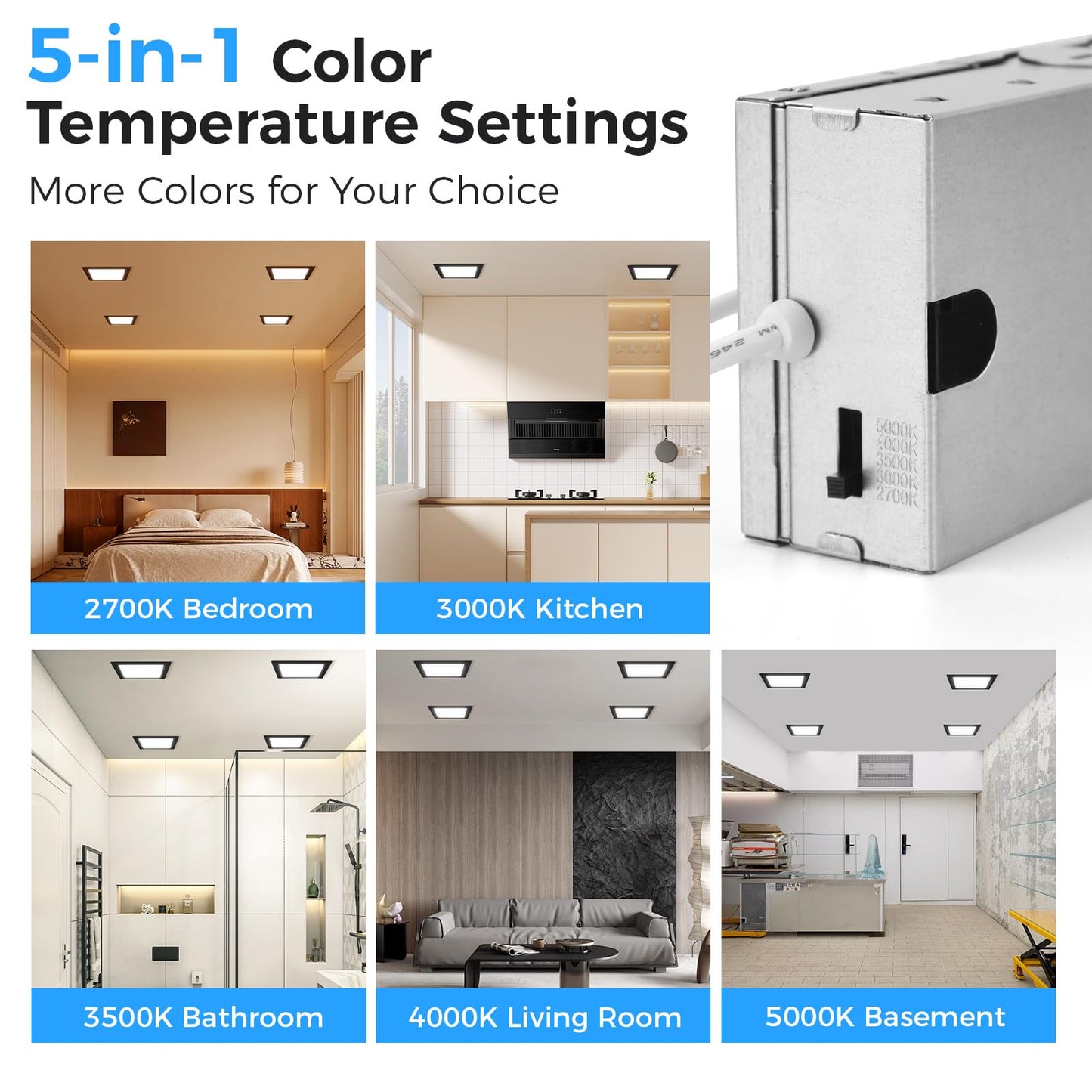 HONZIN 1 Pack 12 Inch Square Recessed Lighting, 5CCT Ultra-Thin LED Downlight, 2700K/3000K/3500K/4000K/5000K Selectable, Dimmable, 24W, IC Rated Canless Ceiling Lights with Junction Box, Black Trim