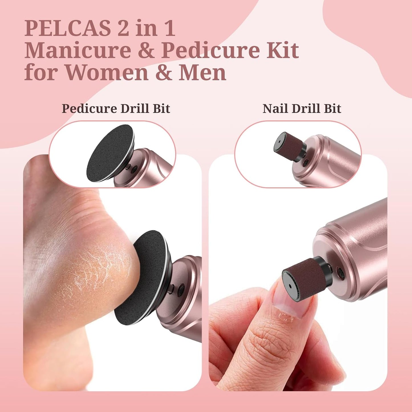 PELCAS Electric Foot Callus Remover with LED Screen, 2 in 1 Manicure & Pedicure Kit, Upgraded Electric Foot File for Women & Men, Cordless Feet Filer for Foot Callus, Thick Nails, Finger Nails Pink