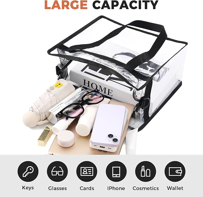 BAGAIL Clear Bags 12x6x12 Stadium Approved Clear Tote Bag with Zipper Closure Crossbody Shoulder Bag with Adjustable Strap