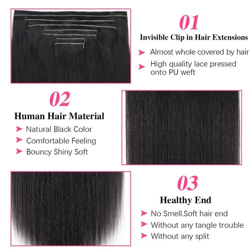 Mihugass Injected Clip in Extension Human Hair Invisible Clip Ins for Women Brazilian Injected Clip ins Human Hair Natural Color 8 Pcs with 18 Clips 120g/Set (24 inch)