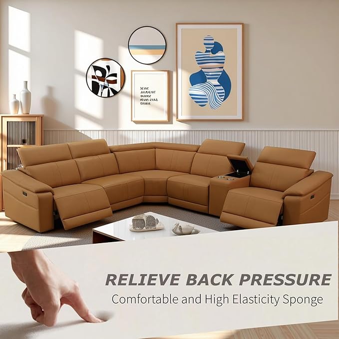 Power Recliner Sectional Sofa Set with USB Ports, Flannel Recliner Sofa Set with Adjustable Headrest, Reclining Sectional Couches, L-Shaped Living Room Furniture Set (Ginger, 5-Seater)