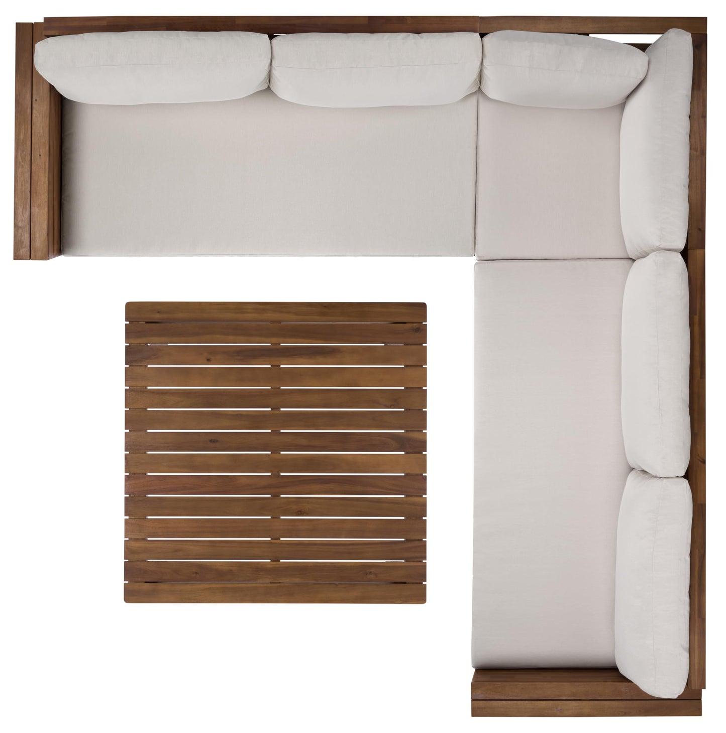 SAFAVIEH Outdoor Patio Furniture Collection - Napoli Teak Brown & Cream Solid Wood 4-Piece Sectional Sofa Set with Coffee Table, Durable Cushions, Modern Outdoor Seating (PAT6806A)